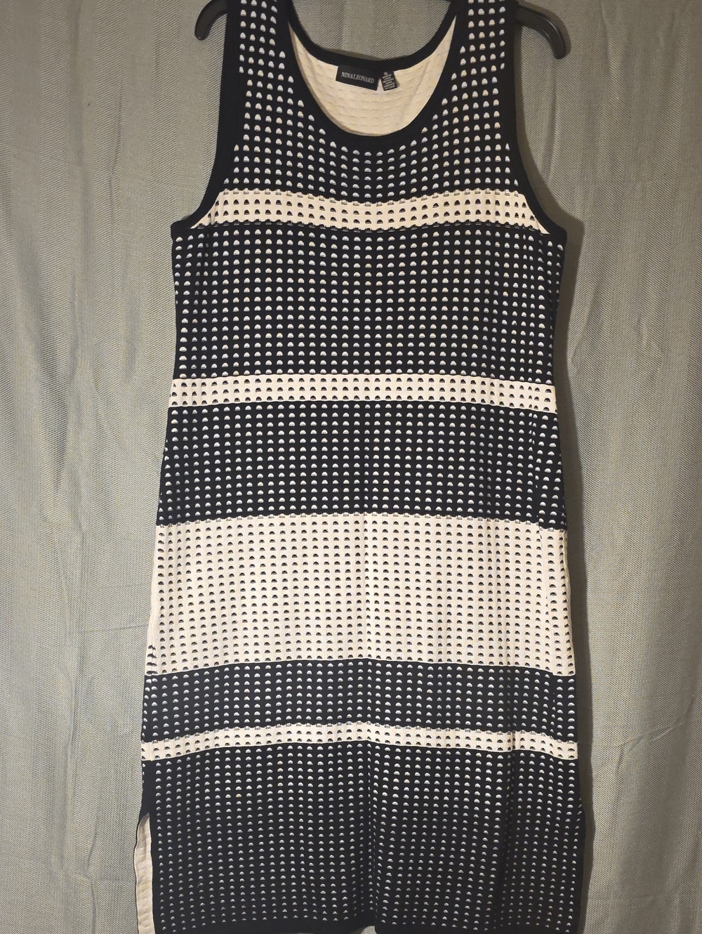 Nina Leonard Black and White Sleeveless Striped Knit Midi Dress